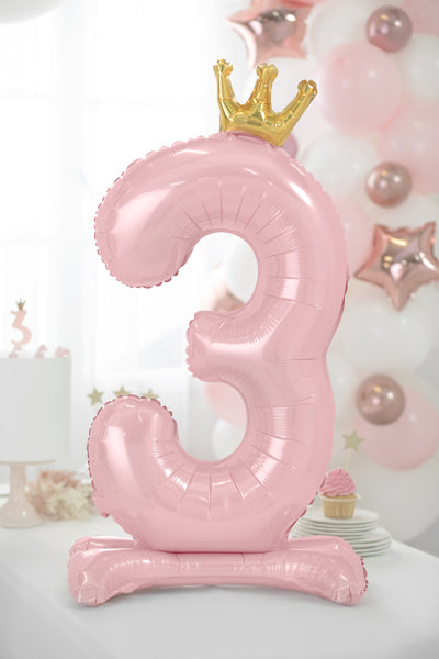 Stāvošs folija balons cipars 3 rozā ar zelta kroni (84 cm)