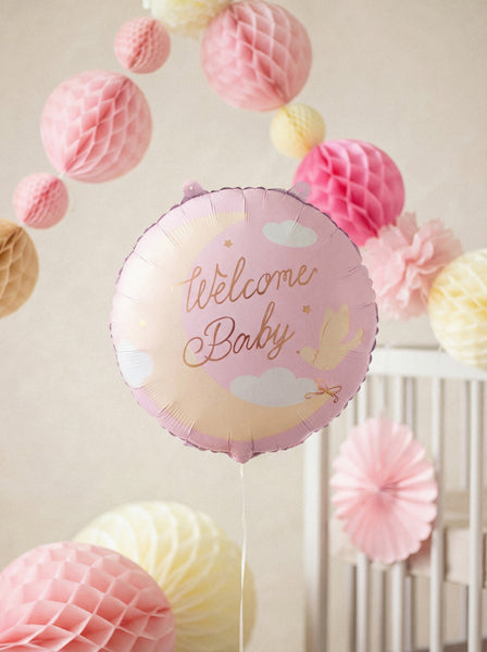 Folija balons apaļš “Welcome Baby” gaiši rozā (35 cm)
