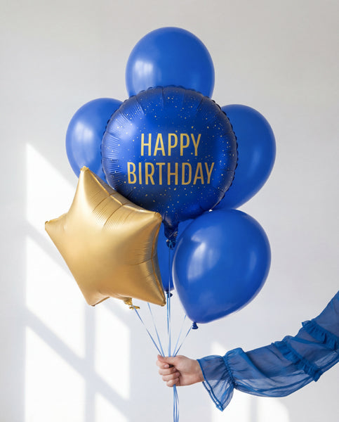 Folija balons apaļš “Happy Birthday” tumši zils (35 cm)
