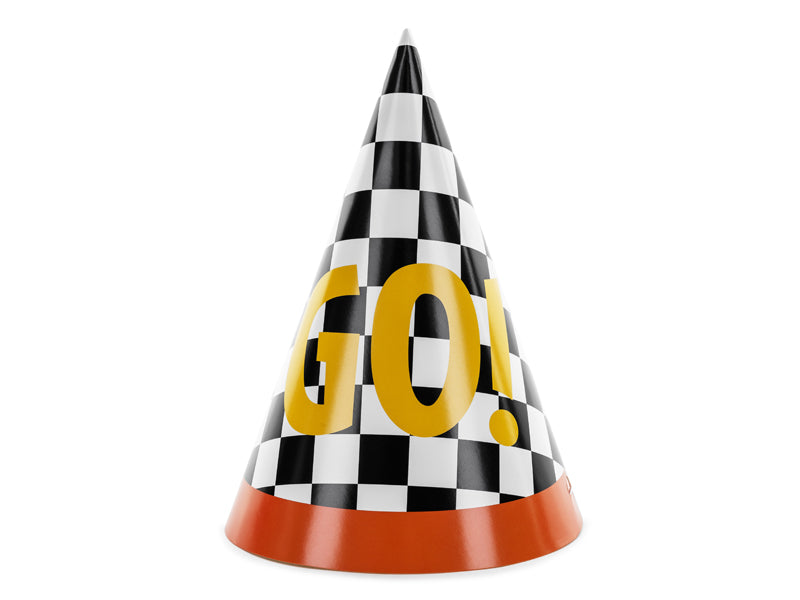 Ballīšu papīra cepures sacīkšu auto tematikā, ar uzrakstu "GO!", 16cm, 6gb