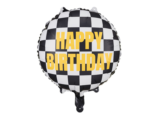 Folija balons “Happy Birthday” rūtainais karogs, 45 cm – sacīkšu tematikas dekorācija