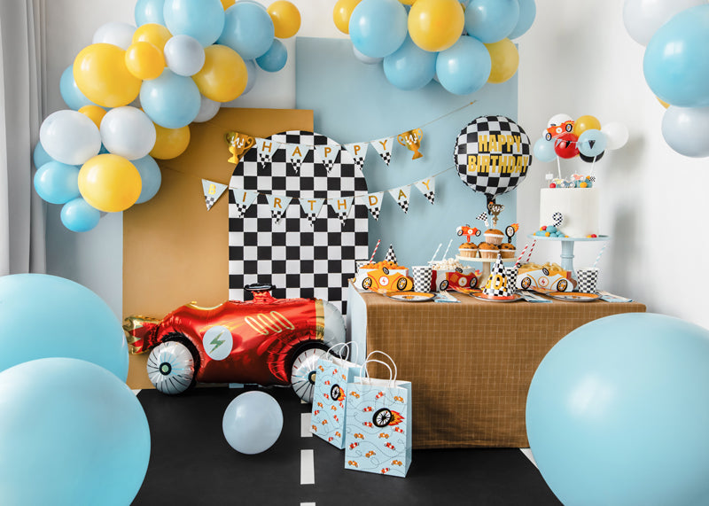 Folija balons “Happy Birthday” rūtainais karogs, 45 cm – sacīkšu tematikas dekorācija