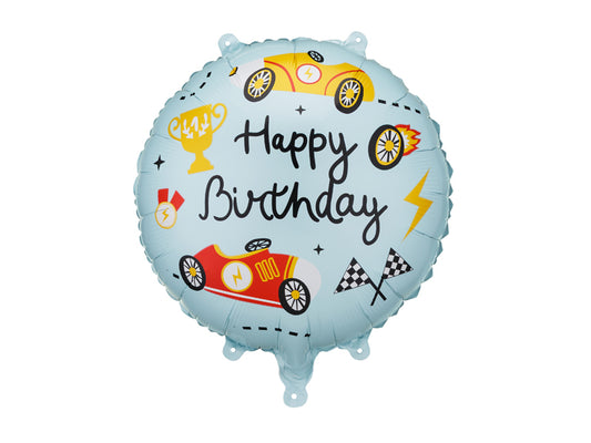 Folija balons apaļš “Happy Birthday” ar sacīkšu motīvu (35 cm)