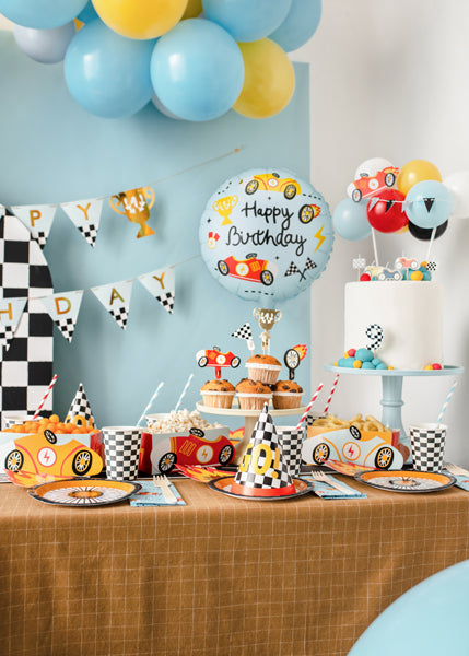 Folija balons apaļš “Happy Birthday” ar sacīkšu motīvu (35 cm)