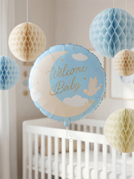 Folija balons apaļš “Welcome Baby” gaiši zils (35 cm)