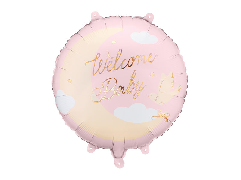 Folija balons apaļš “Welcome Baby” gaiši rozā (35 cm)