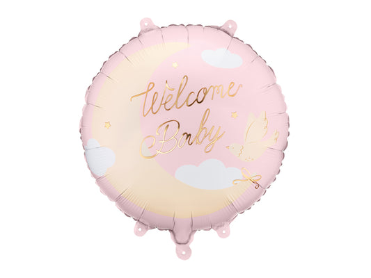 Folija balons apaļš “Welcome Baby” gaiši rozā (35 cm)
