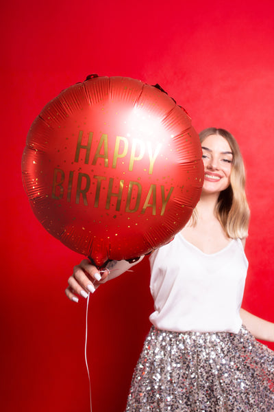 Folija balons apaļš “Happy Birthday” tumši sarkans (35 cm)