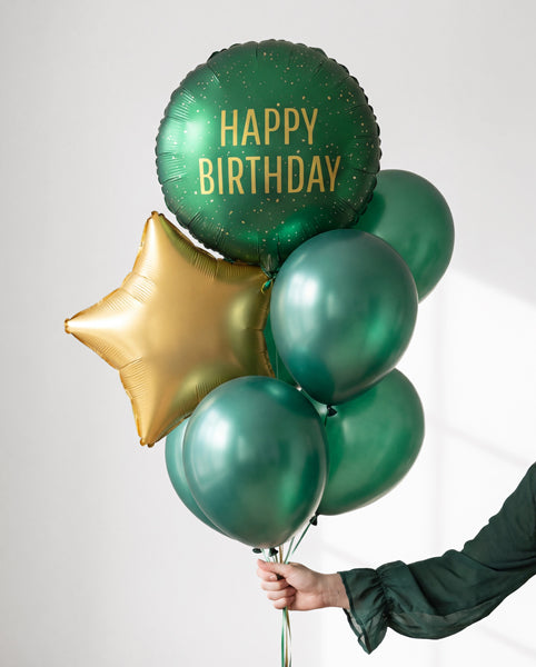 Folija balons apaļš “Happy Birthday” tumši zaļš (35 cm)