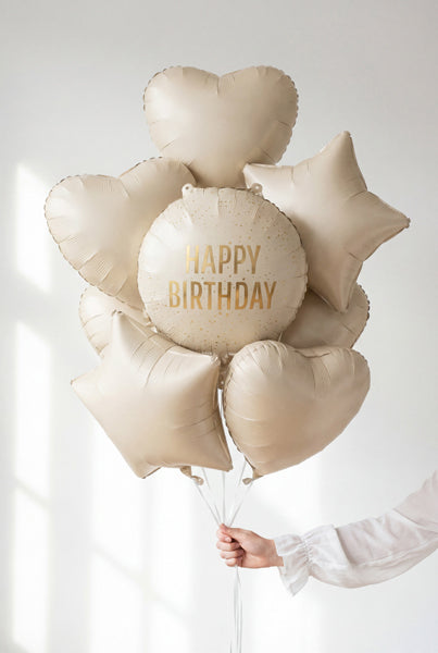 Folija balons apaļš “Happy Birthday” krēmkrāsas (35 cm)