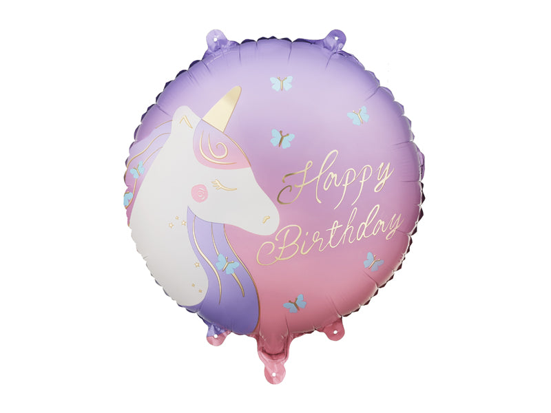 Folija balons apaļš “Happy Birthday” ar vienradzi (35 cm)