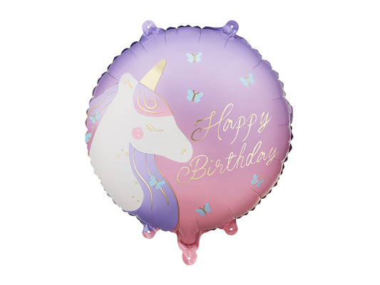 Folija balons apaļš “Happy Birthday” ar vienradzi (35 cm)