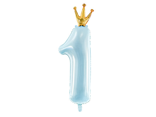Folija balons cipars 1 gaiši zils ar zelta kroni (92 cm)