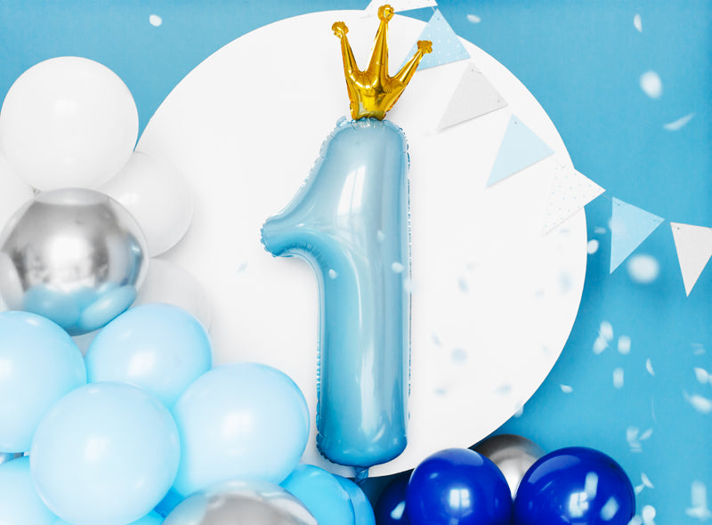 Folija balons cipars 1 gaiši zils ar zelta kroni (92 cm)