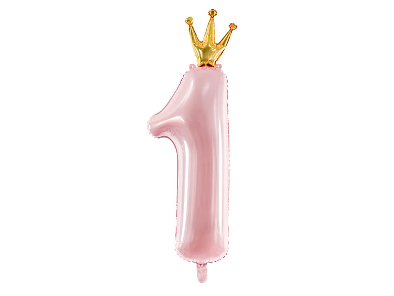 Folija balons cipars 1 rozā ar zelta kroni (92 cm)