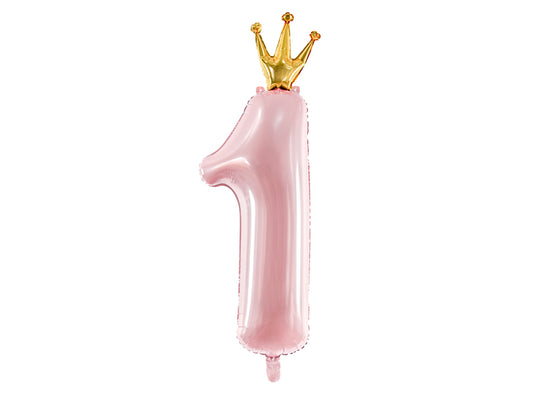 Folija balons cipars 1 rozā ar zelta kroni (92 cm)