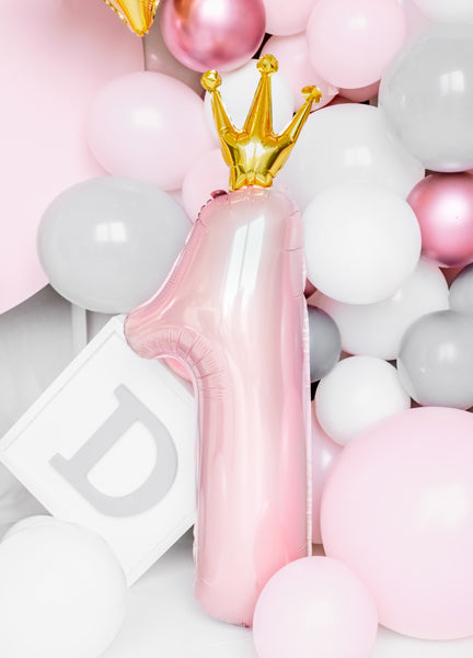 Folija balons cipars 1 rozā ar zelta kroni (92 cm)