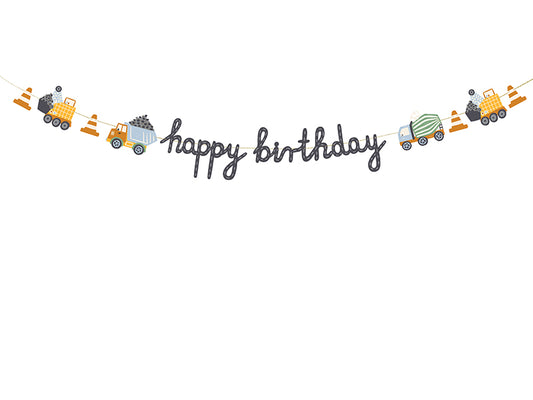 Baneris “Happy Birthday Construction Vehicles”, 2 m – būvtehnikas tematikas dekorācija