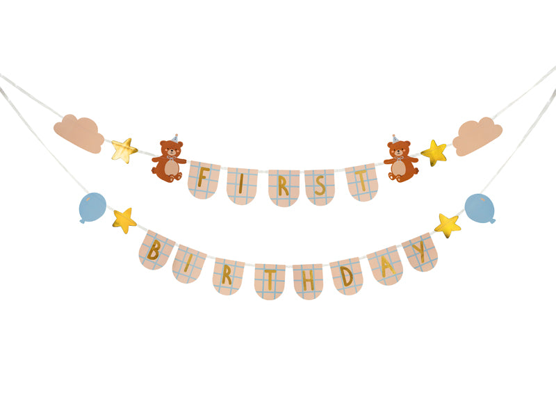 Baneris “First Birthday Bear”, 2.55 m – 1 gada dzimšanas dienas dekorācija