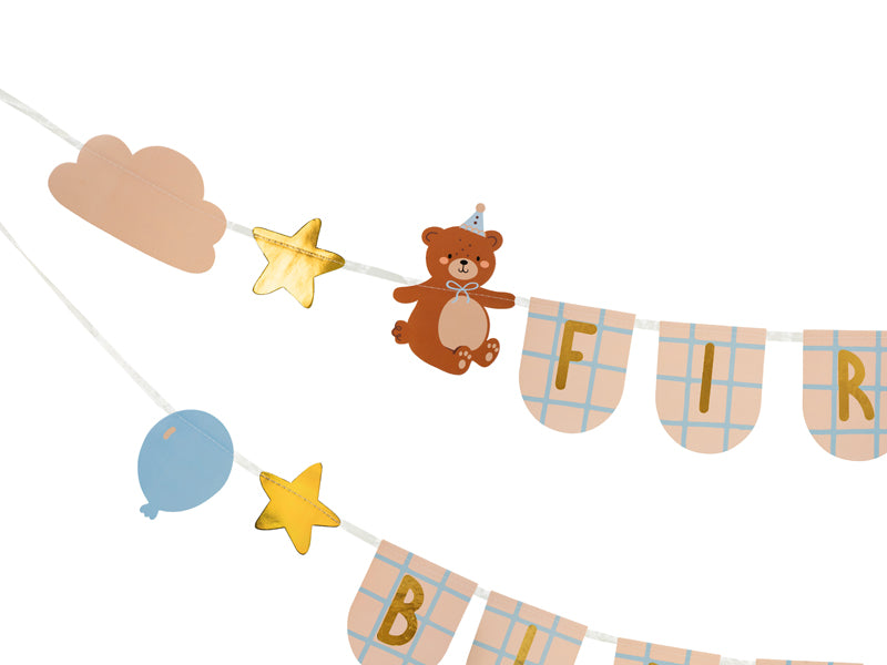 Baneris “First Birthday Bear”, 2.55 m – 1 gada dzimšanas dienas dekorācija