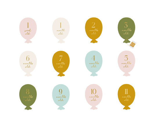 Mēnešu kartītes ar mēneša cipariņu un tekstu “Baloni”, krāsu mikss, 11,5 × 17 cm 