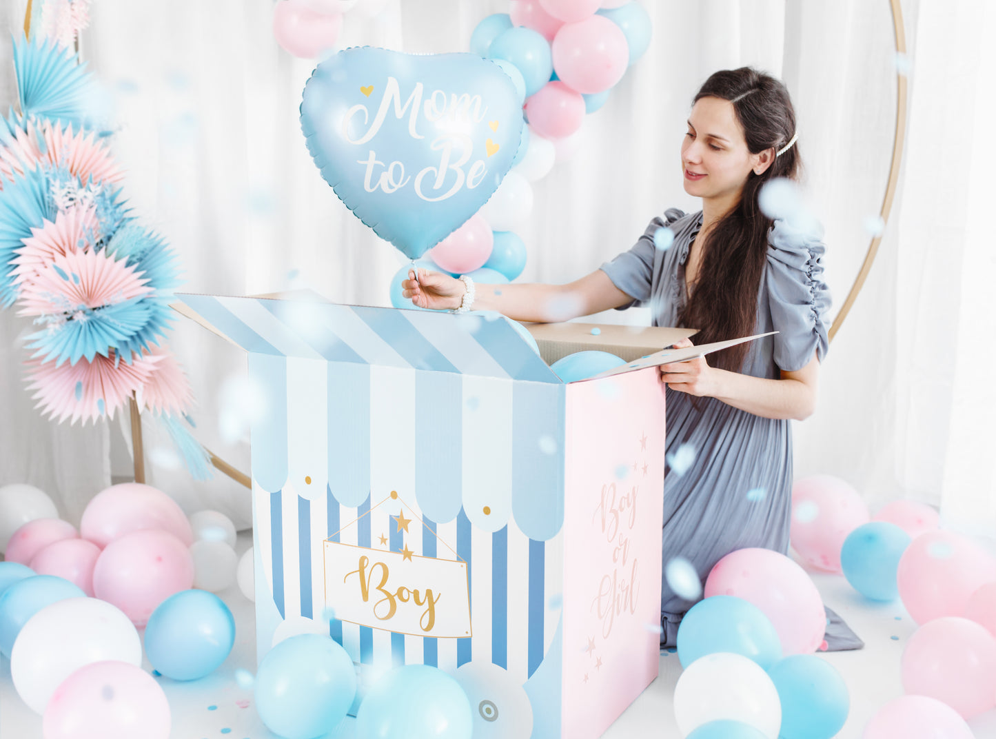 Balonu kaste Boy or Girl 60 x 40 x 60 cm – Gender Reveal dekorācija svētkiem(SAŅEMŠANA TIKAI SALDŪ UZ VIETAS!!)