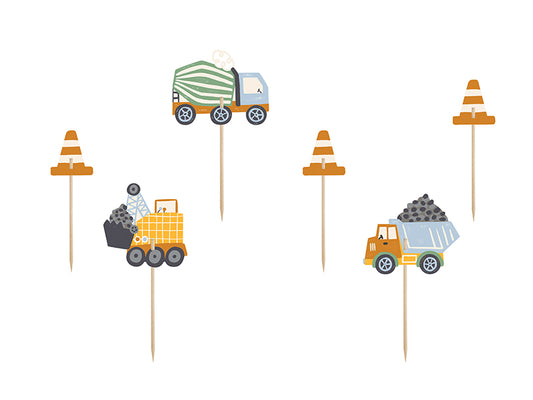 Kēksiņu dekorācijas “Construction Vehicles”, 6 gab. – būvtehnikas cupcake topperi