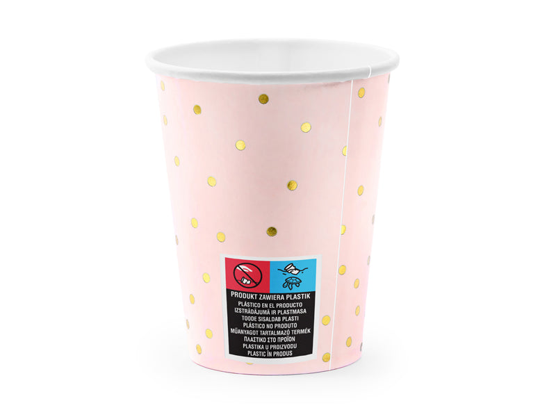 Papīra glāzes, rozā ar zelta punktiņiem, 260ml 