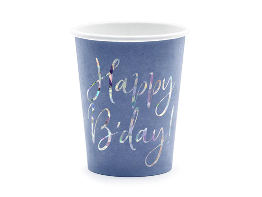 Happy Birthday papīra glāzes 220 ml – Tumši zilas ar hologrāfisku uzrakstu, 6 gab.