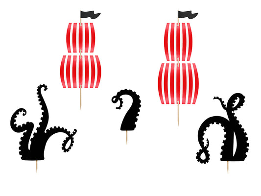 Kūkas dekorācijas “Pirates Party”, 5 gab., 13.5–21 cm – pirātu topperi
