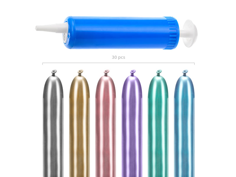Modelējamie spīdīgie baloni 130 cm ar pumpi – 30 gab. komplekts