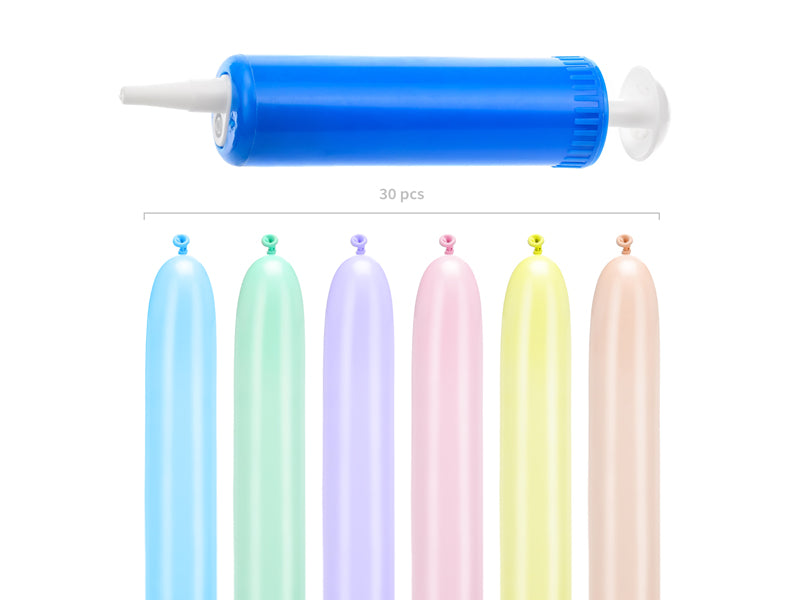 Modelējamie pasteļkrāsas baloni 130 cm ar pumpi – 30 gab. komplekts