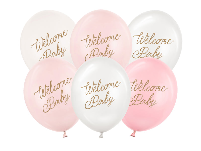 Baloni "Welcome Baby" 30 cm – Rozā toņu balonu komplekts 6 gab. baby shower svinībām