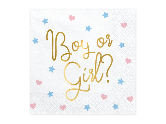 Boy or Girl papīra salvetes 33 x 33 cm – Gender Reveal ballītes salvetes 20 gab.