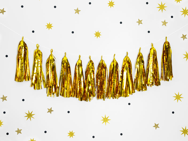 Zelta pušķīšu virtene 1,5 m – Mirror Gold DIY ballīšu dekorācija 12 pušķīši