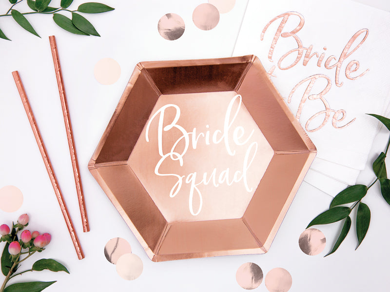 Papīra šķīvji “Bride Squad” rozā zelta (23 cm, 6 gab.)