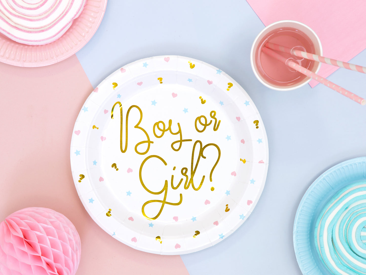 Boy or Girl papīra šķīvji 23 cm – Gender Reveal ballītes šķīvji 6 gab.