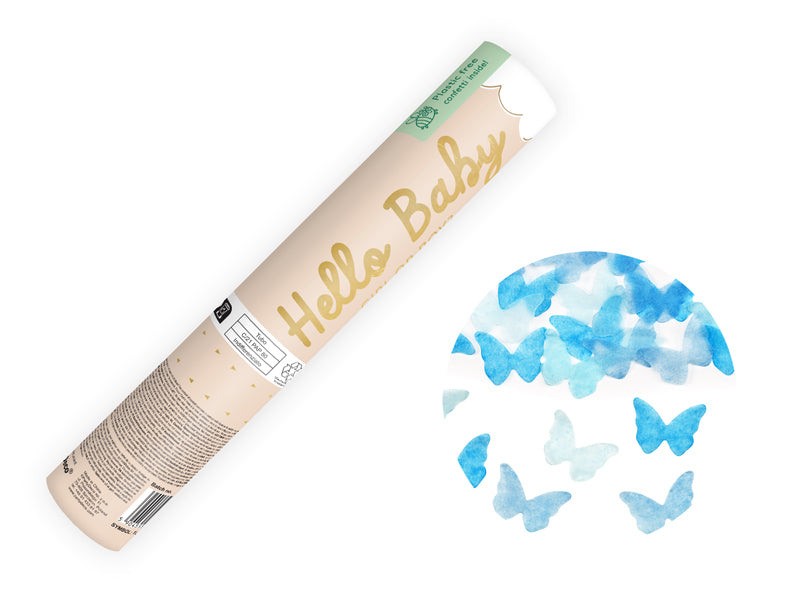 Konfeti "Hello Baby" ar ziliem tauriņiem 20 cm – Gender Reveal
