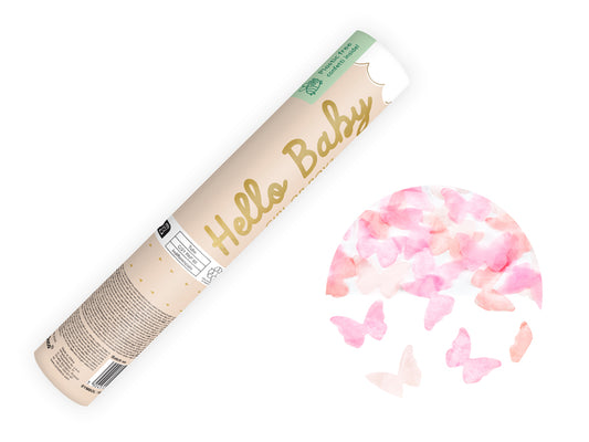 Konfeti "Hello Baby" ar rozā tauriņiem 20 cm – Gender Reveal